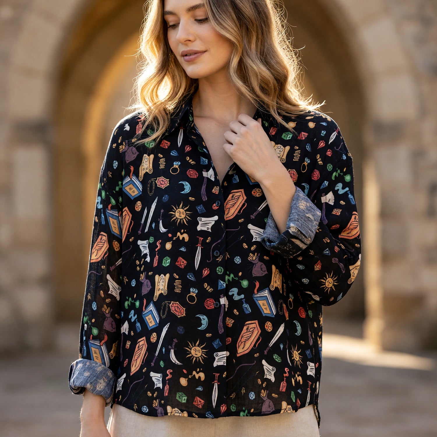 Fantasy Dungeon Linen Shirt - RPG Dice Fantasy Pattern