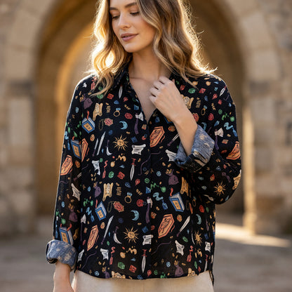 Fantasy Dungeon Linen Shirt - RPG Dice Fantasy Pattern