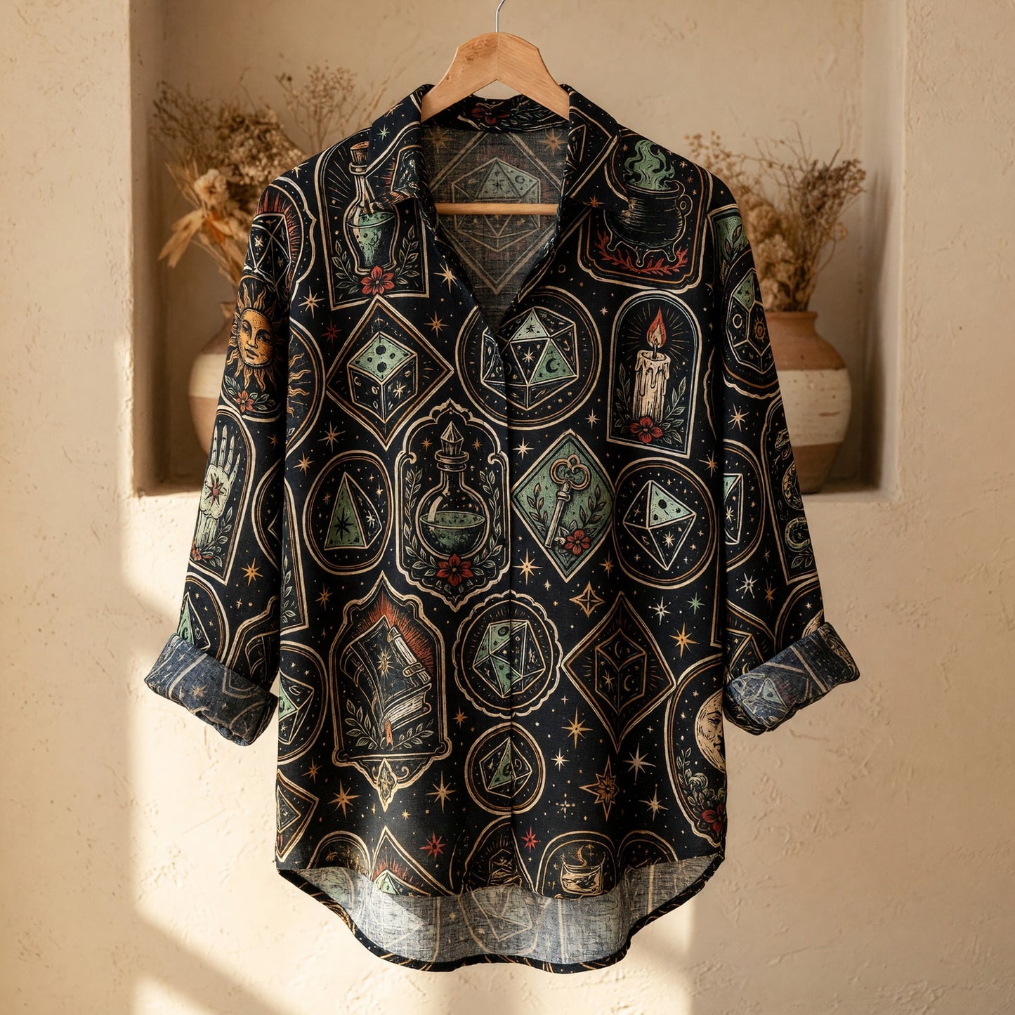 Occult Dice Linen Shirt - Mystic Witchcraft Fantasy Pattern
