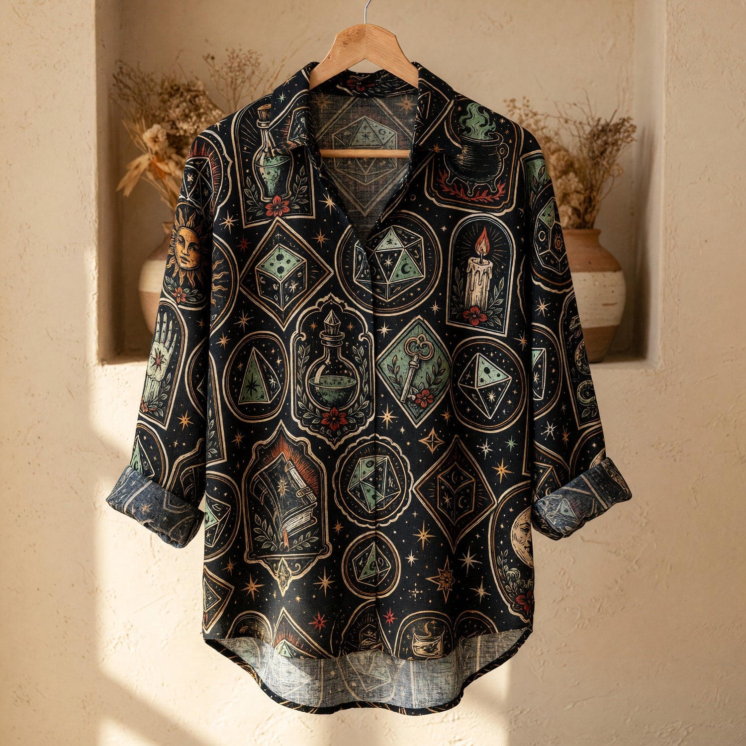Occult Dice Linen Shirt - Mystic Witchcraft Fantasy Pattern