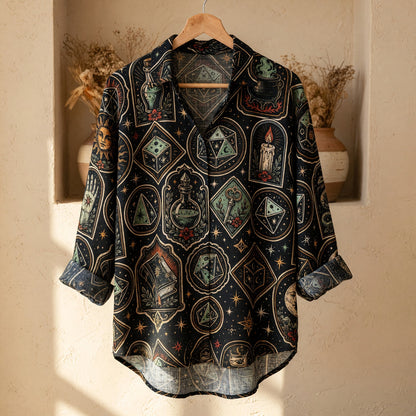 Occult Dice Linen Shirt - Mystic Witchcraft Fantasy Pattern