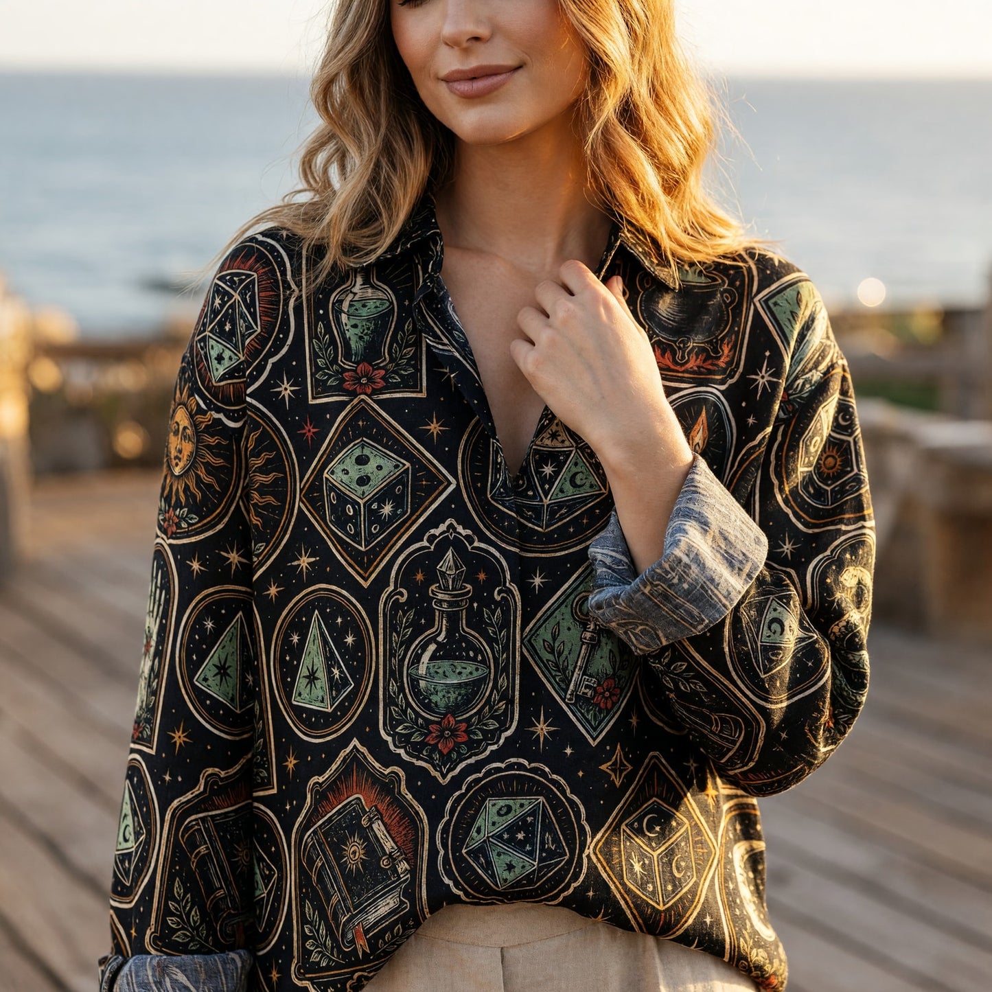 Occult Dice Linen Shirt - Mystic Witchcraft Fantasy Pattern