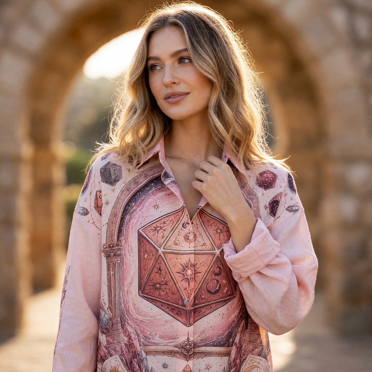 Celestial D20 Fantasy Dungeon Linen Shirt - Mystic Fantasy RPG