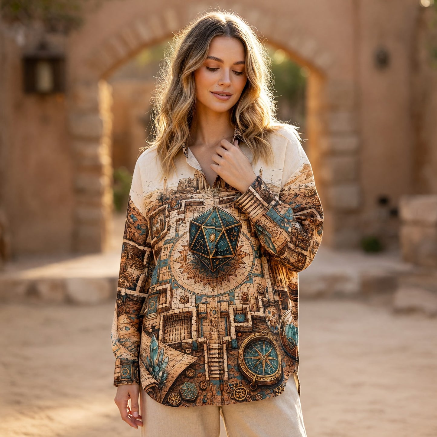 Egyptian Temple Dice Linen Shirt - Fantasy RPG Adventure Map