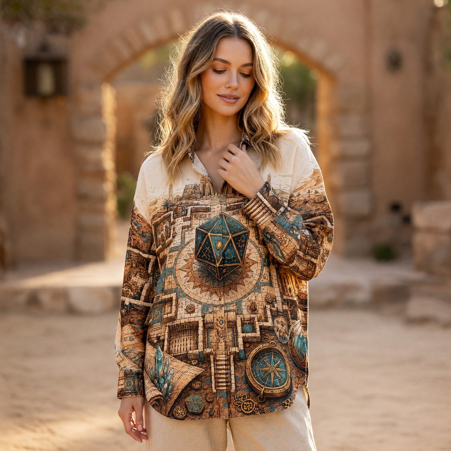 Egyptian Temple Dice Linen Shirt - Fantasy RPG Adventure Map