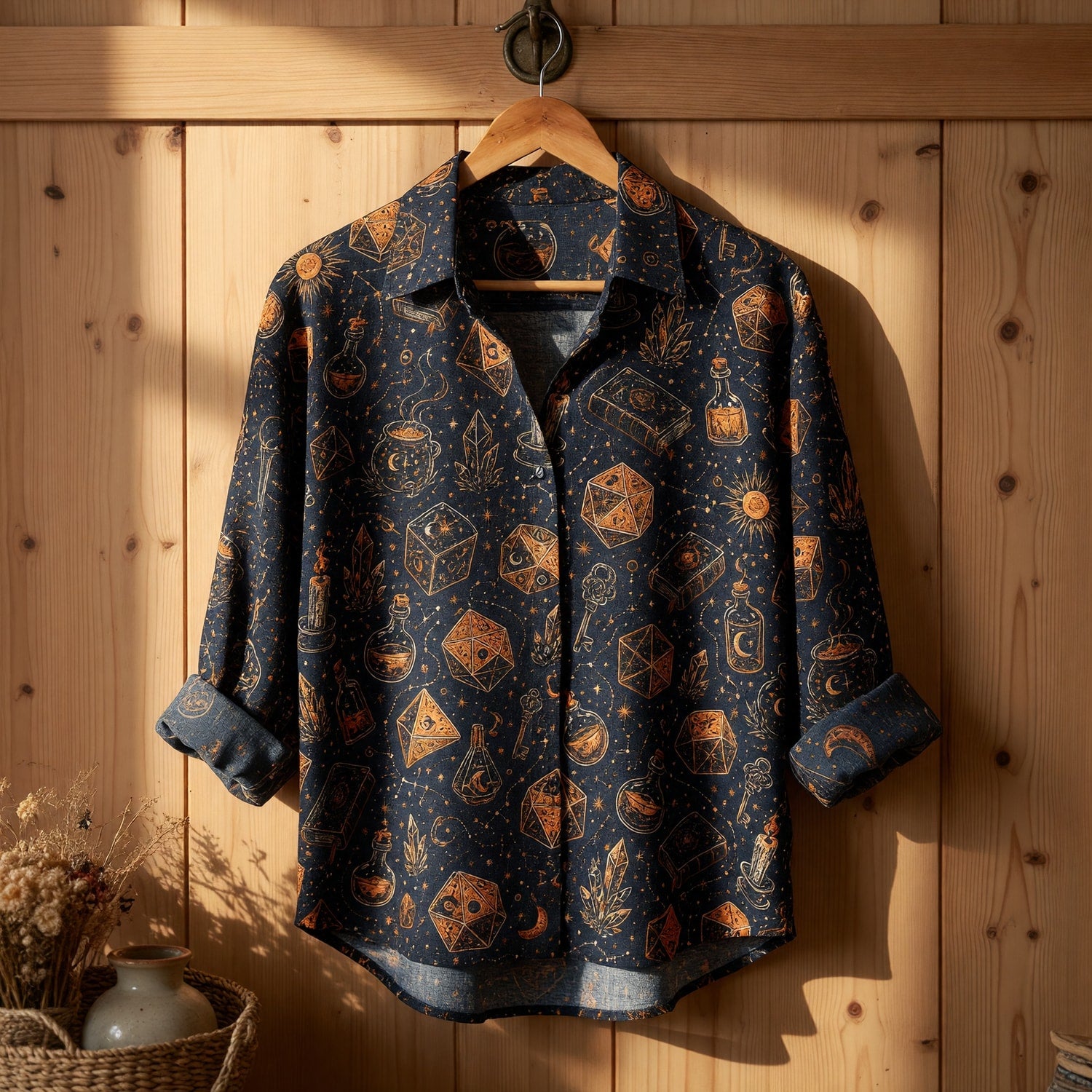 Fantasy Dungeon Linen Shirt - Arcane Wizard Dice Magic Pattern