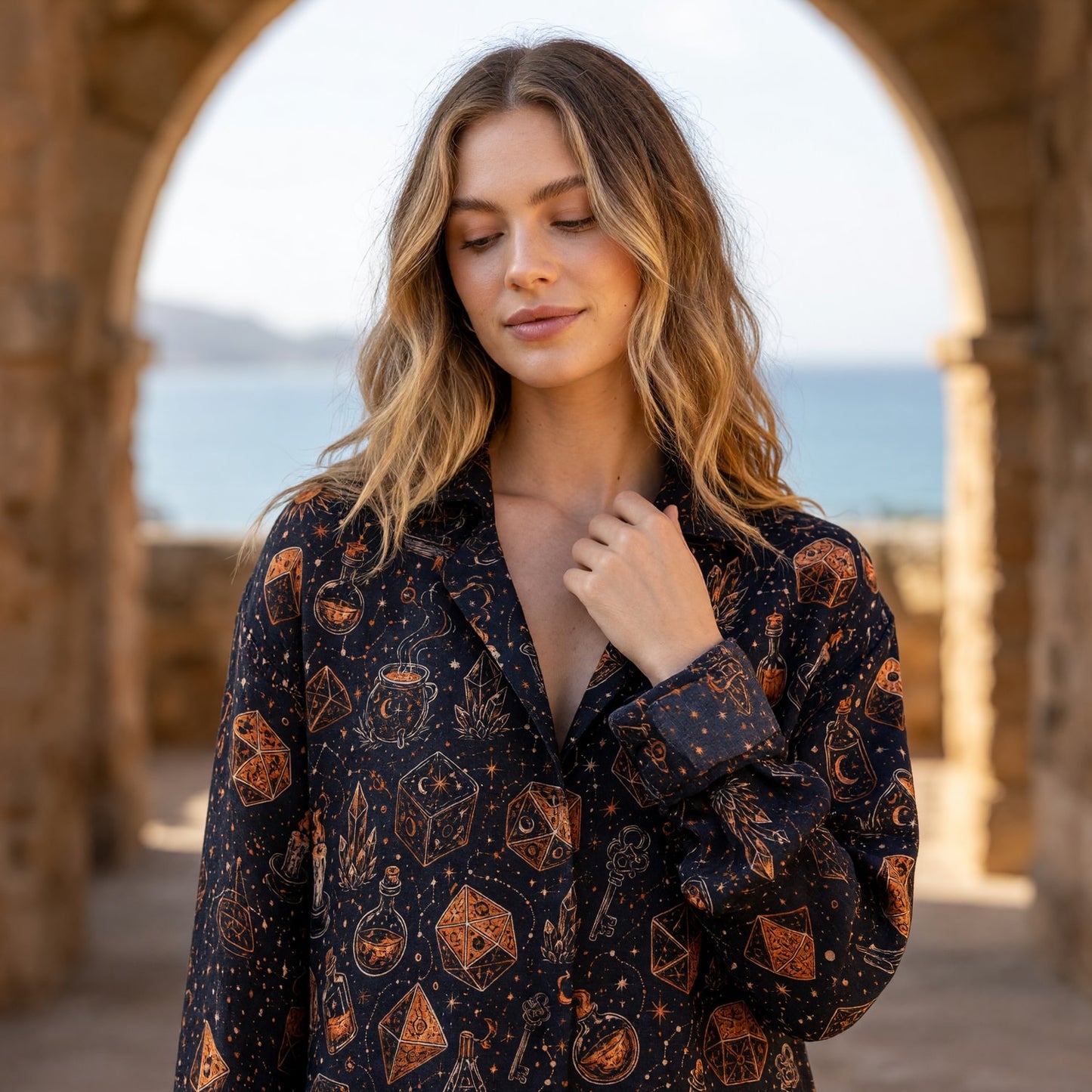 Fantasy Dungeon Linen Shirt - Arcane Wizard Dice Magic Pattern