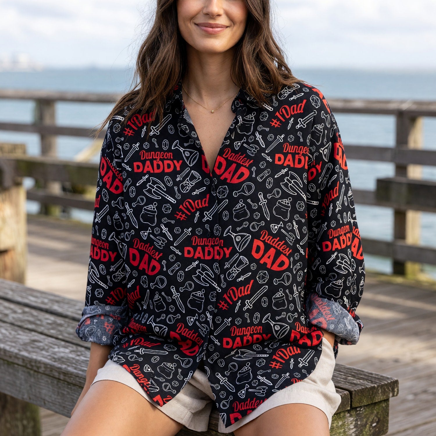Dungeon Daddy Linen Shirt - Daddest Dad Fantasy Pattern