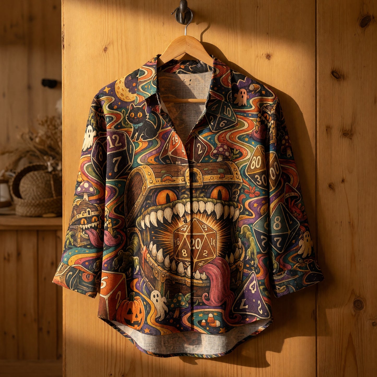 Mimic Dice Halloween Linen Shirt - RPG Tabletop Fantasy Apparel