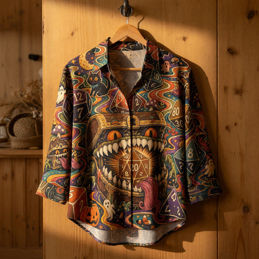 Mimic Dice Halloween Linen Shirt - RPG Tabletop Fantasy Apparel