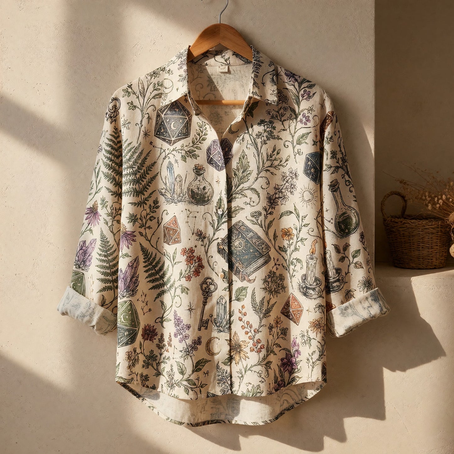 RPG Dice Linen Shirt - Mystic Celestial Witchcraft Pattern