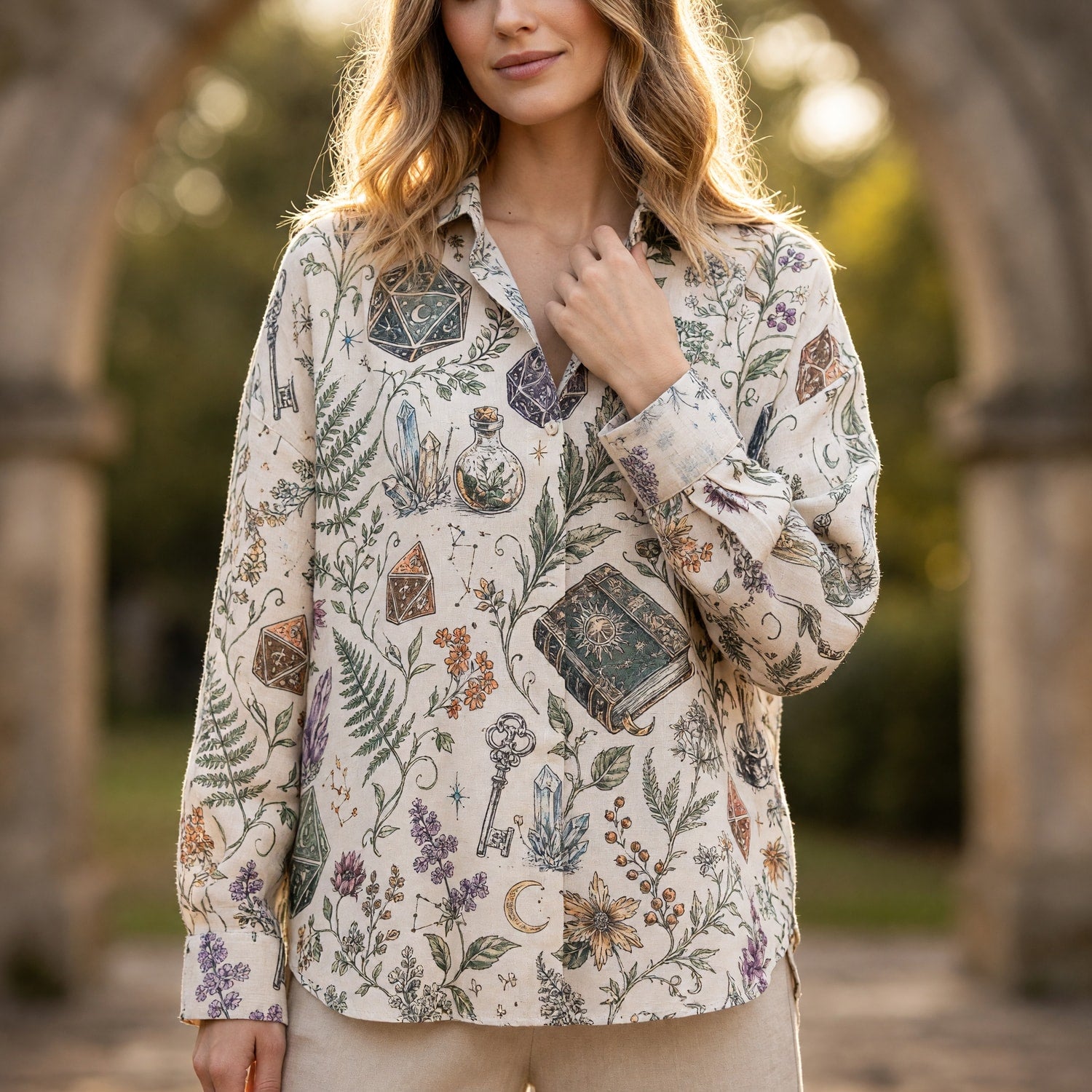 RPG Dice Linen Shirt - Mystic Celestial Witchcraft Pattern