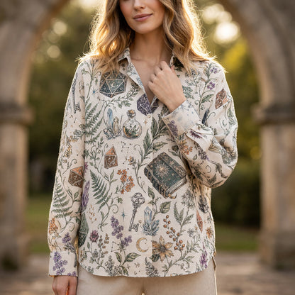 RPG Dice Linen Shirt - Mystic Celestial Witchcraft Pattern