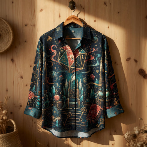 D20 Mystic Realm Linen Shirt - Fantasy RPG Arcane Dice Design