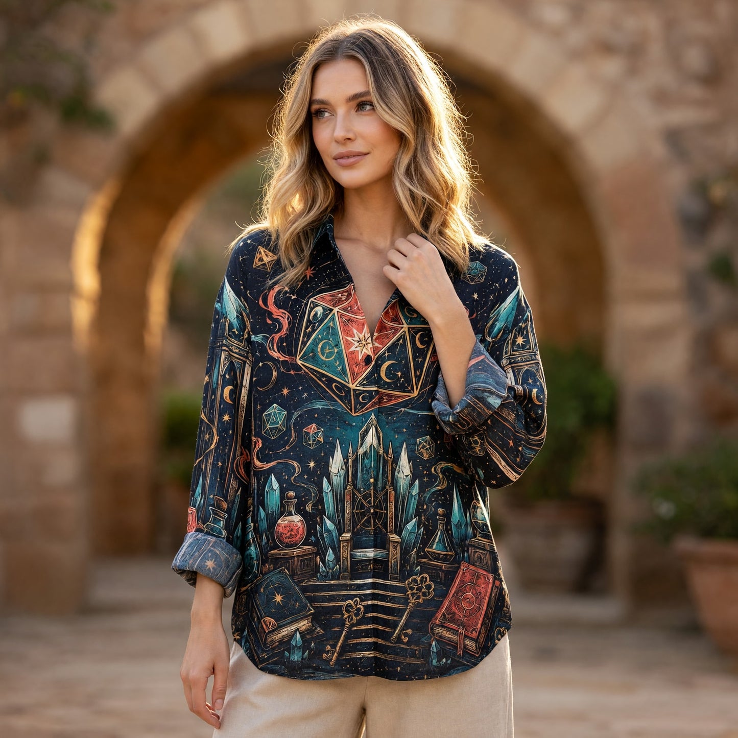 D20 Mystic Realm Linen Shirt - Fantasy RPG Arcane Dice Design
