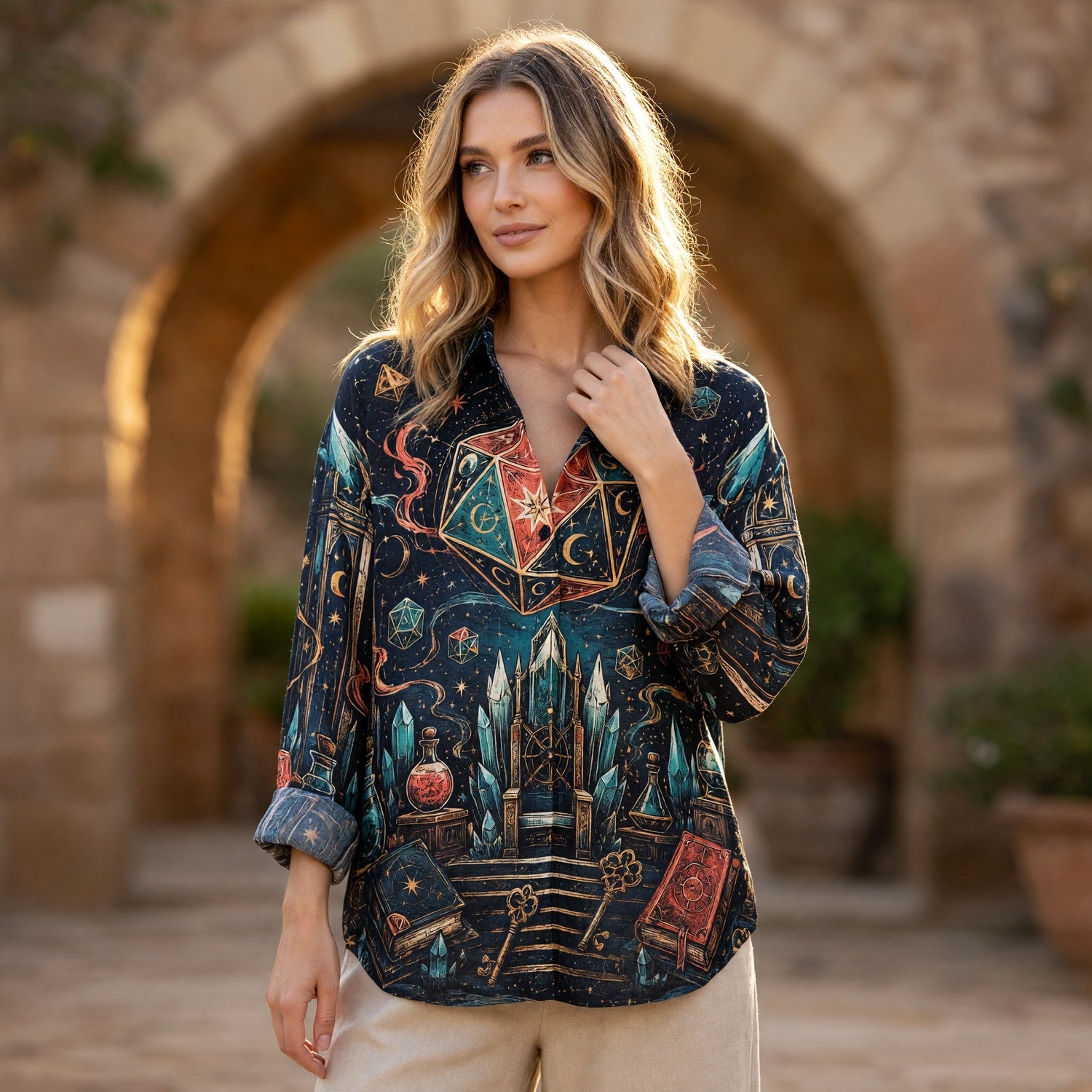 D20 Mystic Realm Linen Shirt - Fantasy RPG Arcane Dice Design