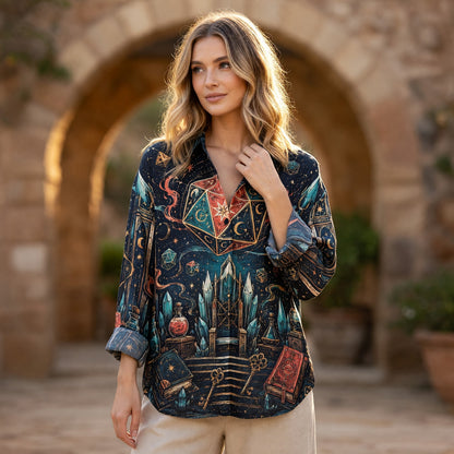 D20 Mystic Realm Linen Shirt - Fantasy RPG Arcane Dice Design