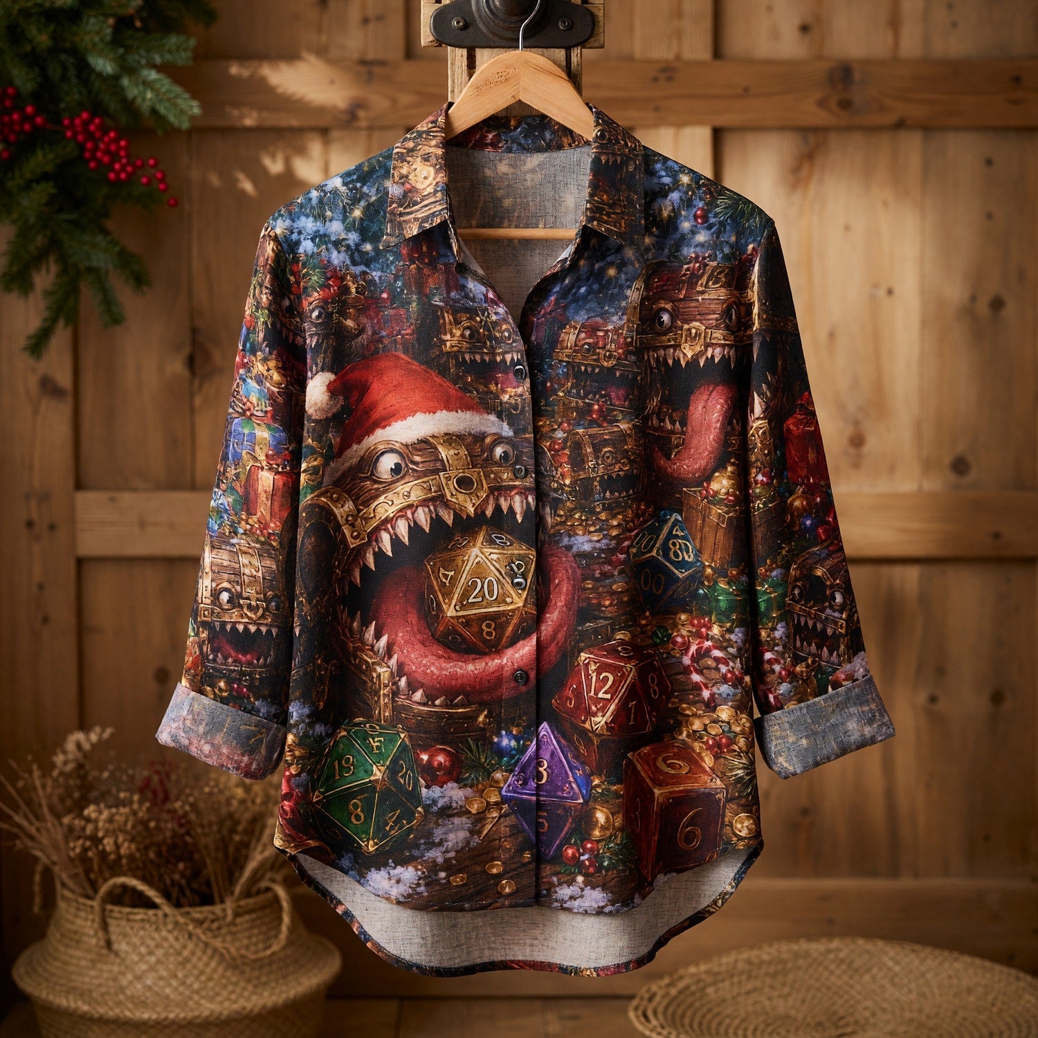 Christmas Mimic Linen Shirt - Dice Fantasy Holiday Gaming Wear