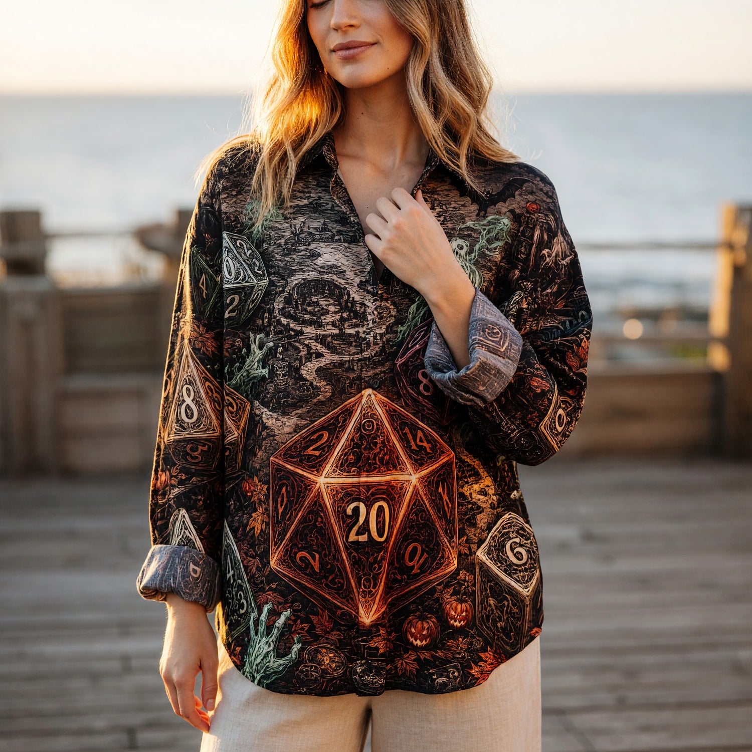Dice Halloween Linen Shirt - Spooky RPG Dungeon Master Apparel