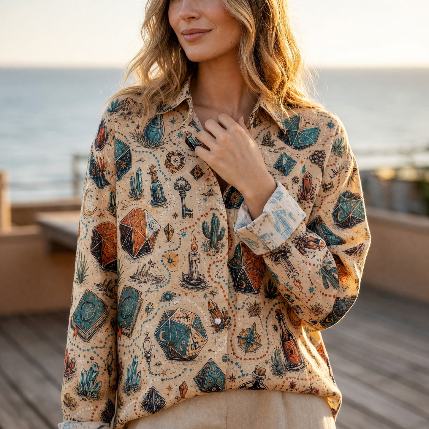 Dice Wizard Linen Shirt - Mystical Fantasy RPG Pattern