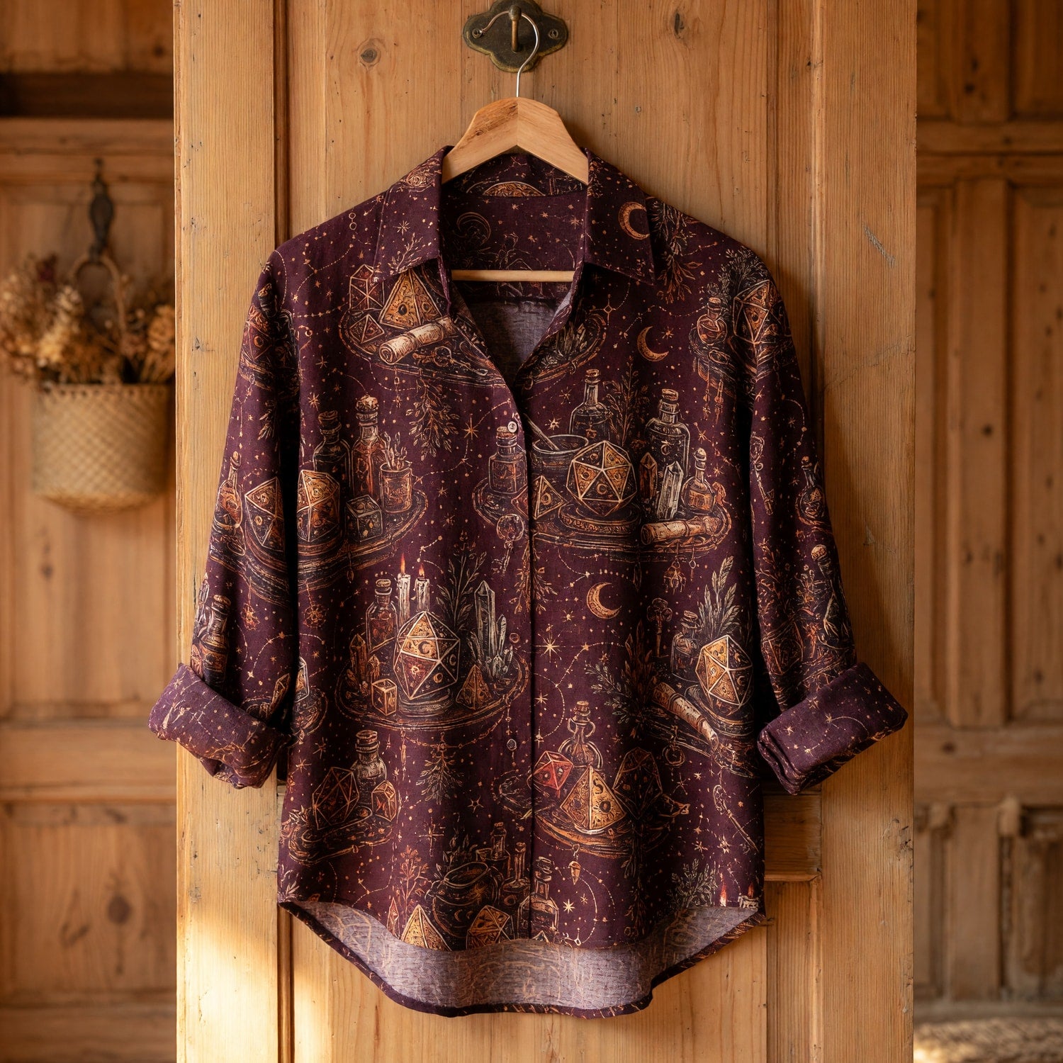 Mystic Dice Alchemy Linen Shirt - Celestial Witchcraft Pattern