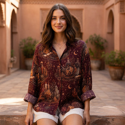 Mystic Dice Alchemy Linen Shirt - Celestial Witchcraft Pattern