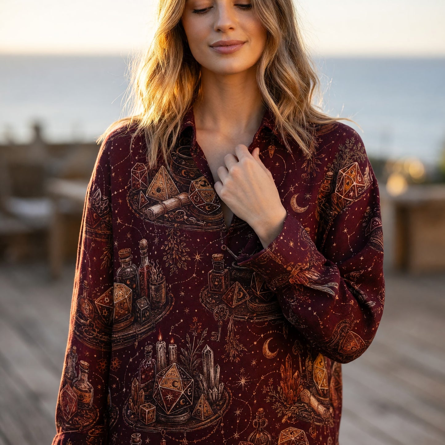 Mystic Dice Alchemy Linen Shirt - Celestial Witchcraft Pattern