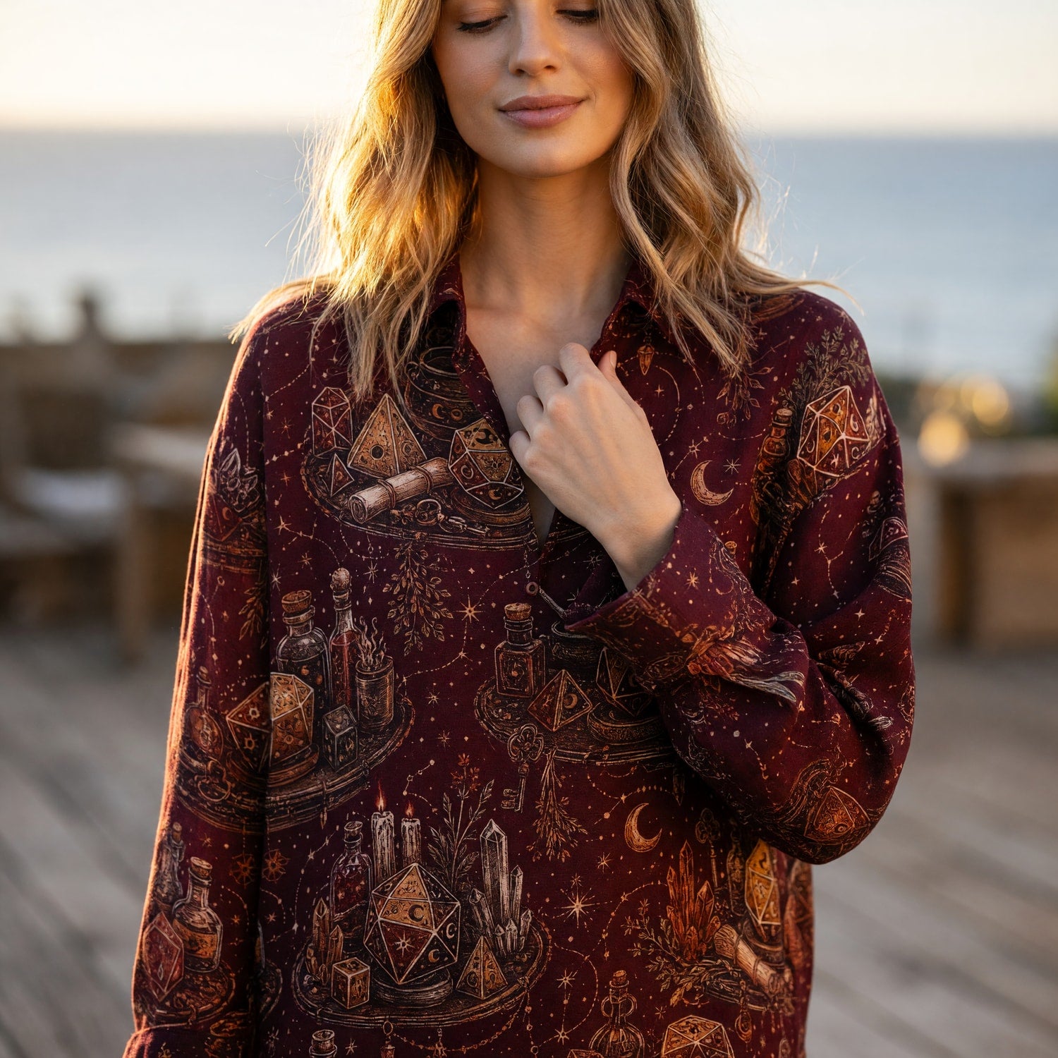 Mystic Dice Alchemy Linen Shirt - Celestial Witchcraft Pattern