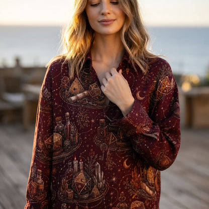 Mystic Dice Alchemy Linen Shirt - Celestial Witchcraft Pattern