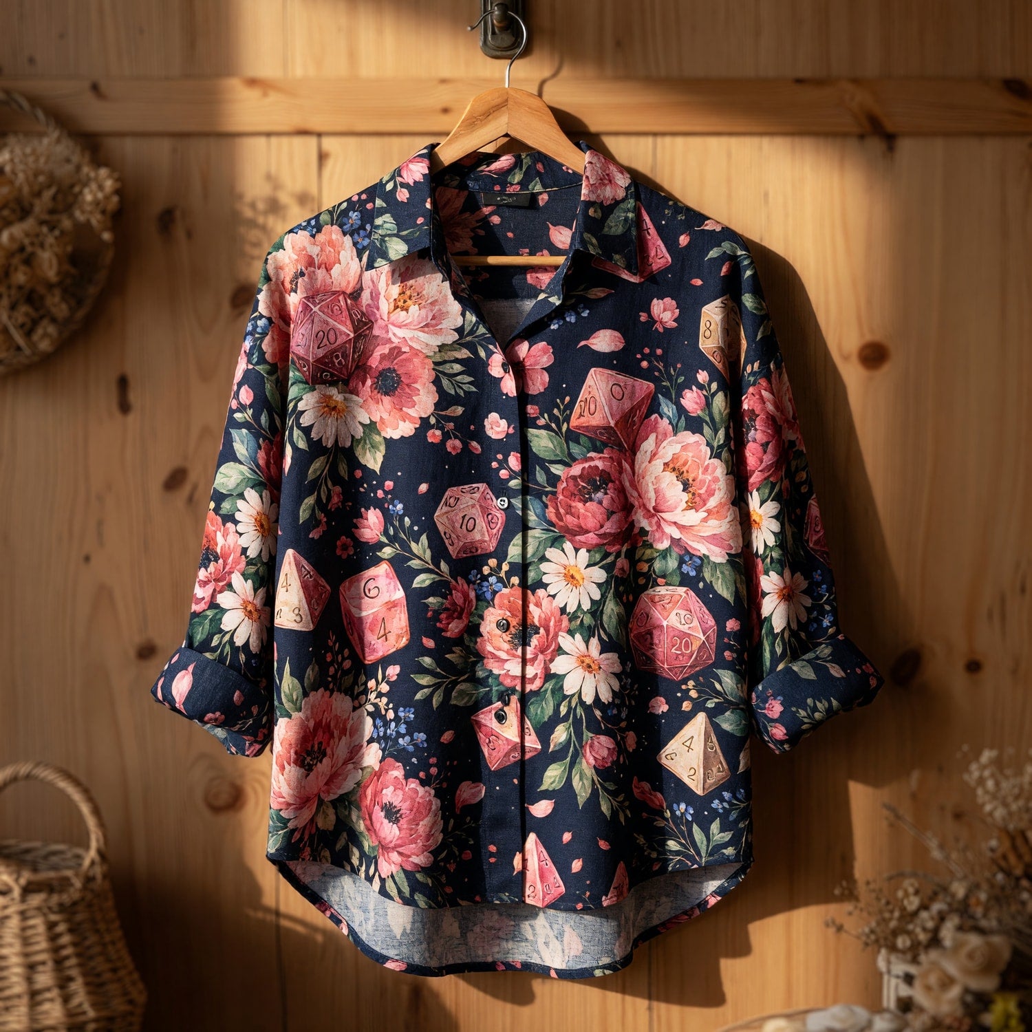 Floral Dice Linen Shirt - Pink Peony Botanical Gamer Apparel