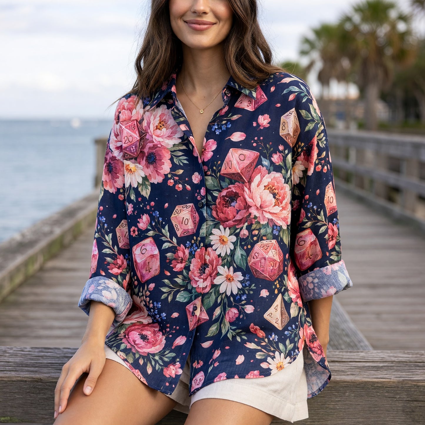 Floral Dice Linen Shirt - Pink Peony Botanical Gamer Apparel