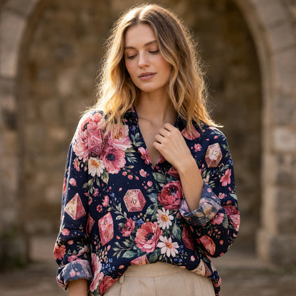 Floral Dice Linen Shirt - Pink Peony Botanical Gamer Apparel