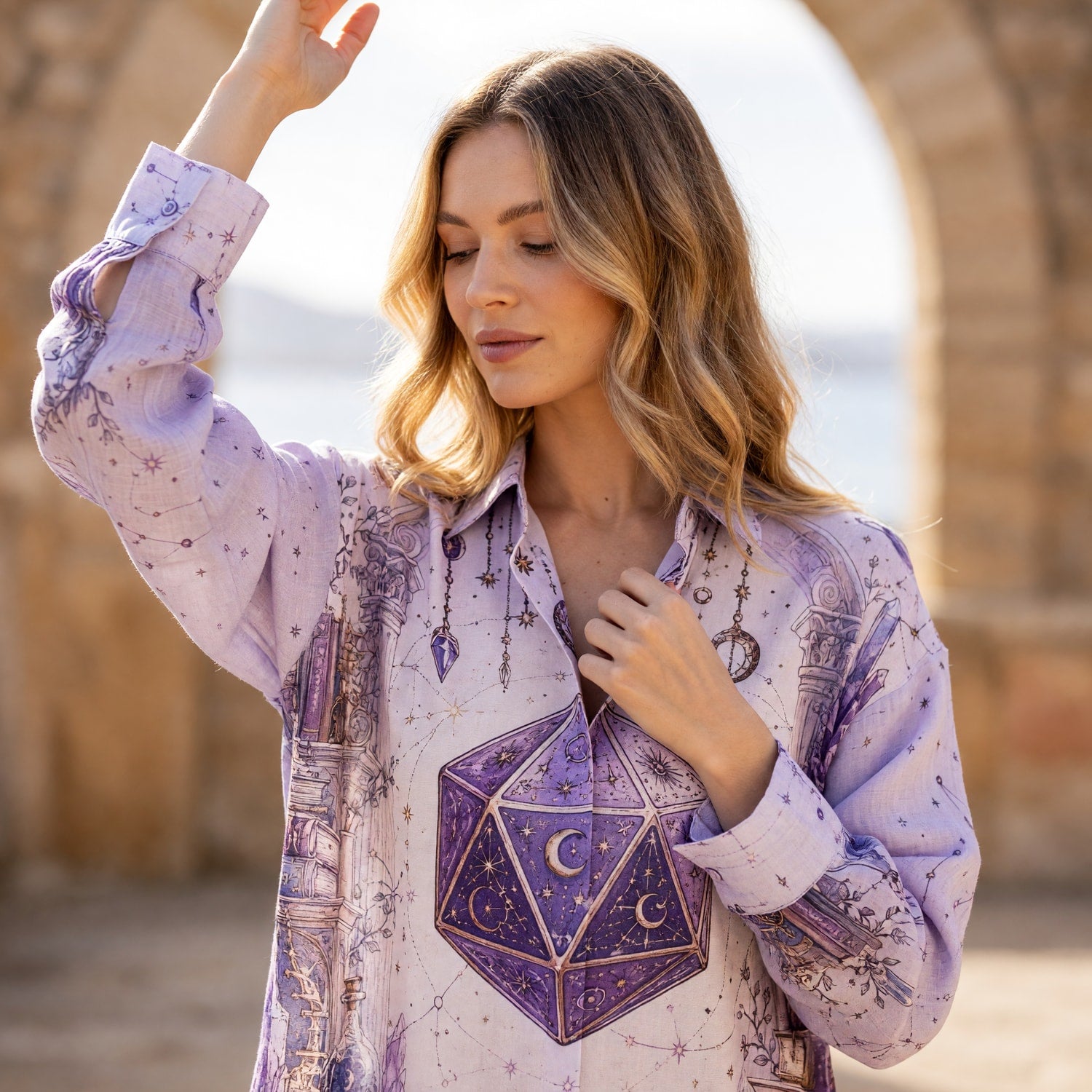 Mystic Celestial D20 Linen Shirt - Fantasy Witchcore Apparel