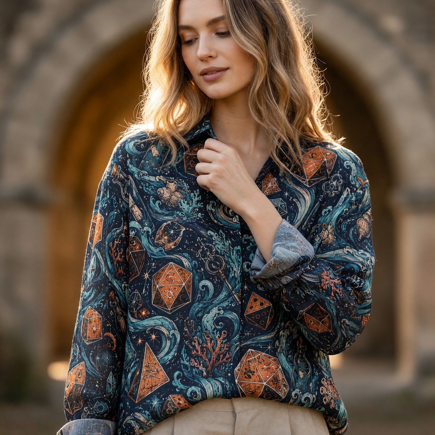 Ocean Dice Linen Shirt - Mystic Nautical Fantasy