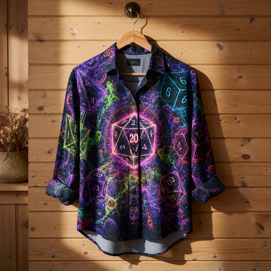 Fantasy Dungeon Dice Linen Shirt - Neon Halloween RPG