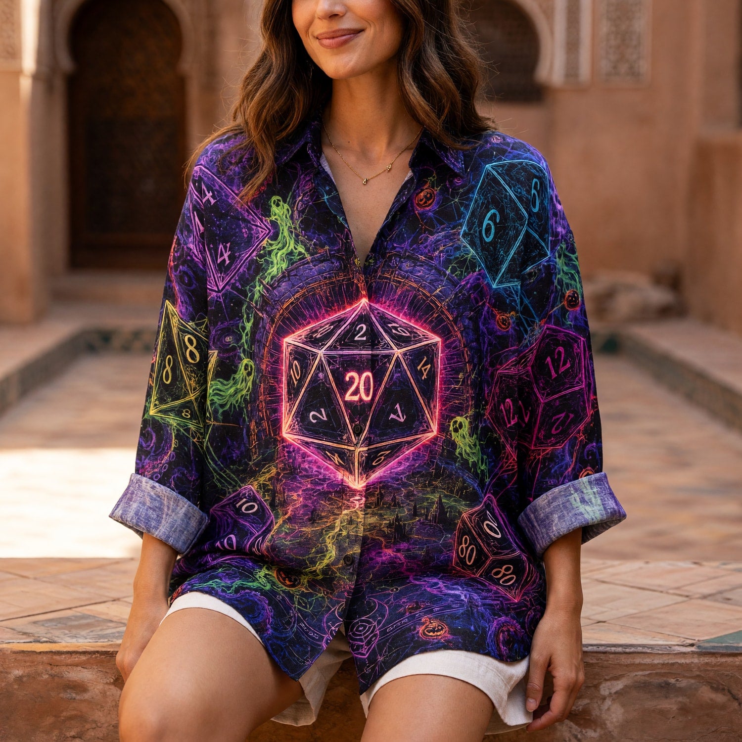 Fantasy Dungeon Dice Linen Shirt - Neon Halloween RPG