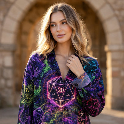 Fantasy Dungeon Dice Linen Shirt - Neon Halloween RPG