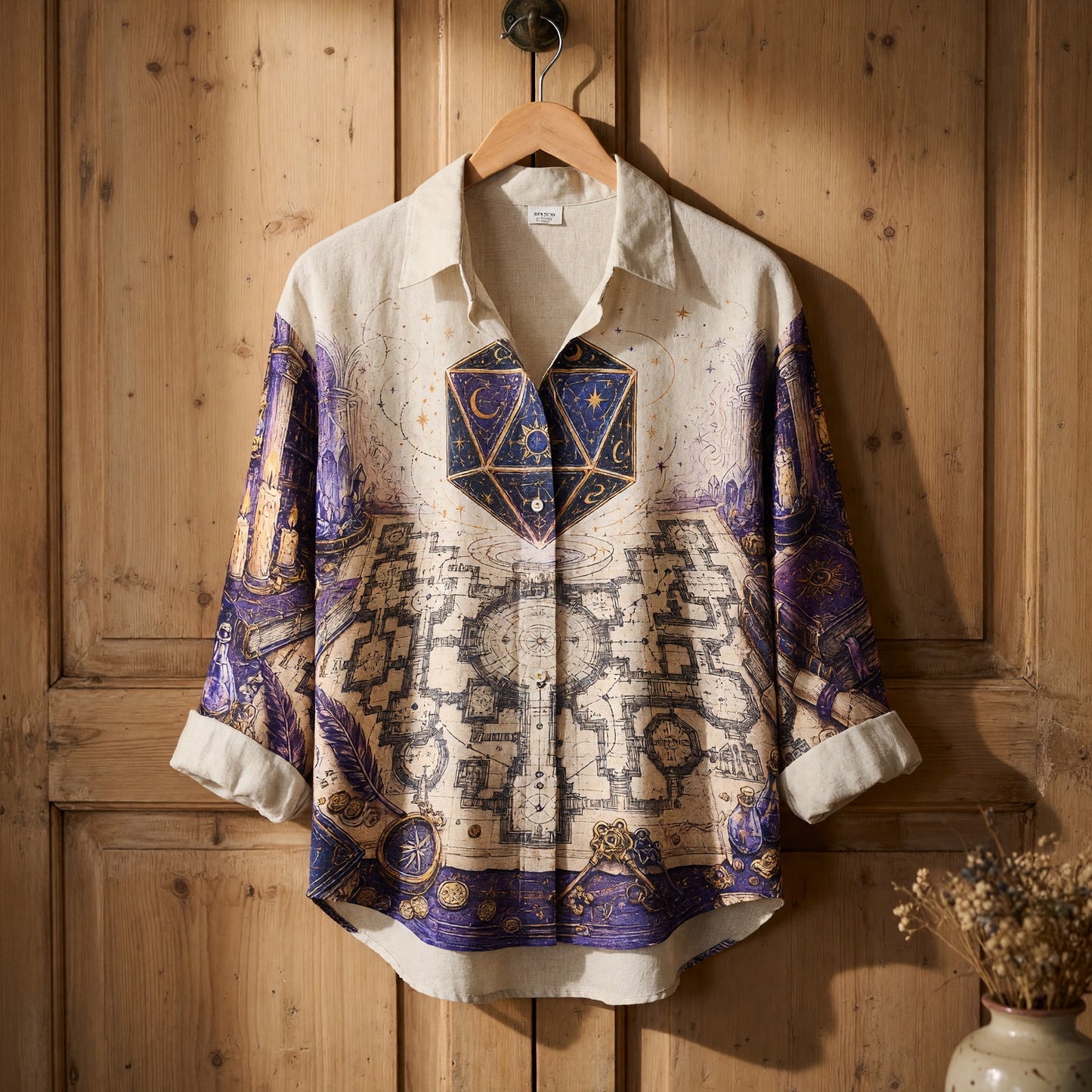 Fantasy Dungeon Celestial D20 Linen Shirt - Fantasy Wizard Map