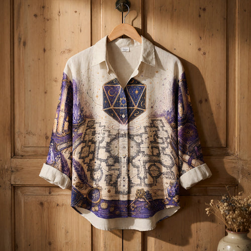 Fantasy Dungeon Celestial D20 Linen Shirt - Fantasy Wizard Map