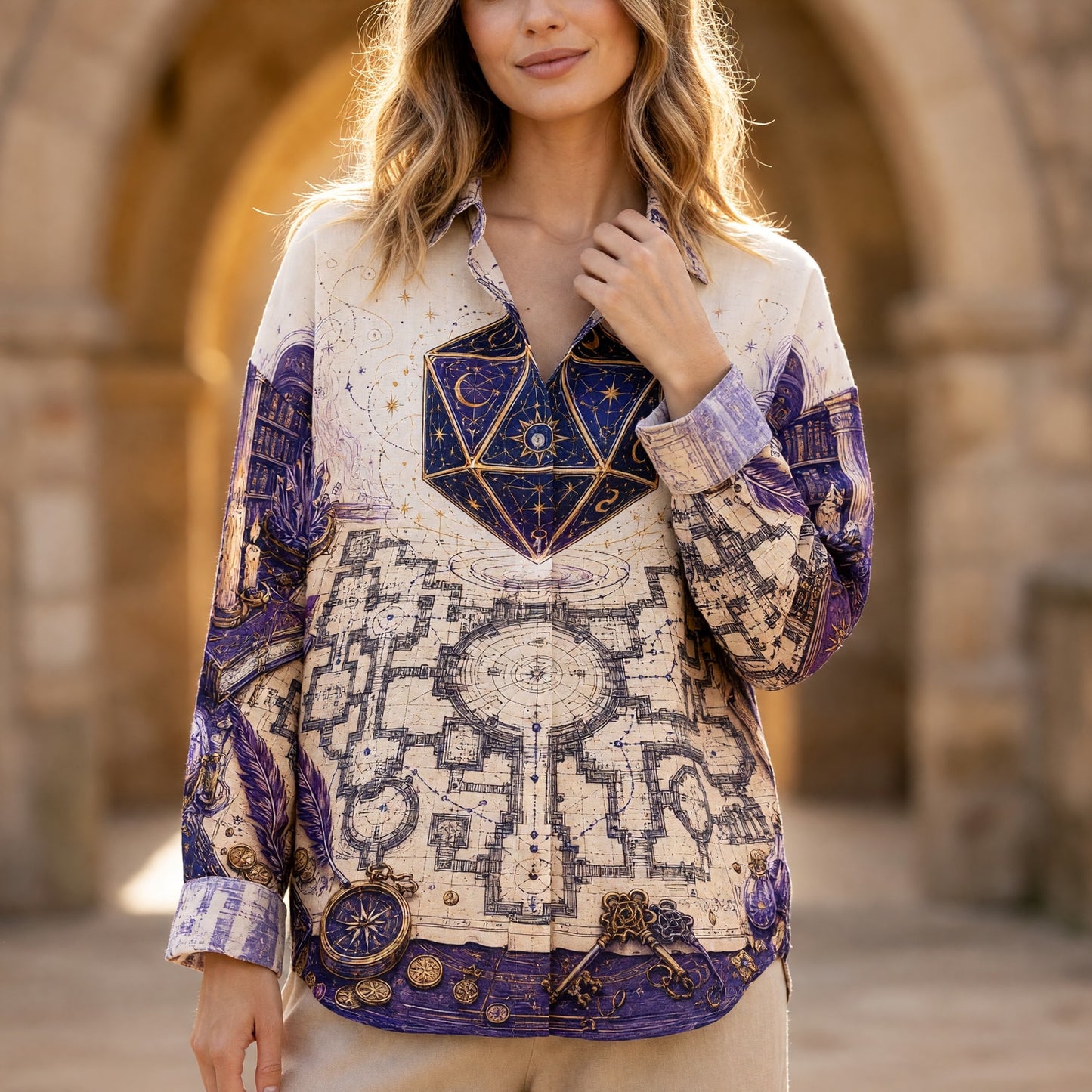 Fantasy Dungeon Celestial D20 Linen Shirt - Fantasy Wizard Map