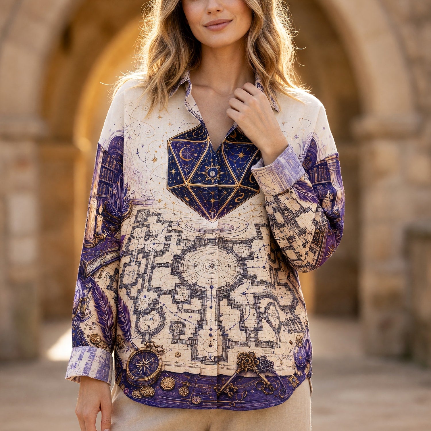 Fantasy Dungeon Celestial D20 Linen Shirt - Fantasy Wizard Map