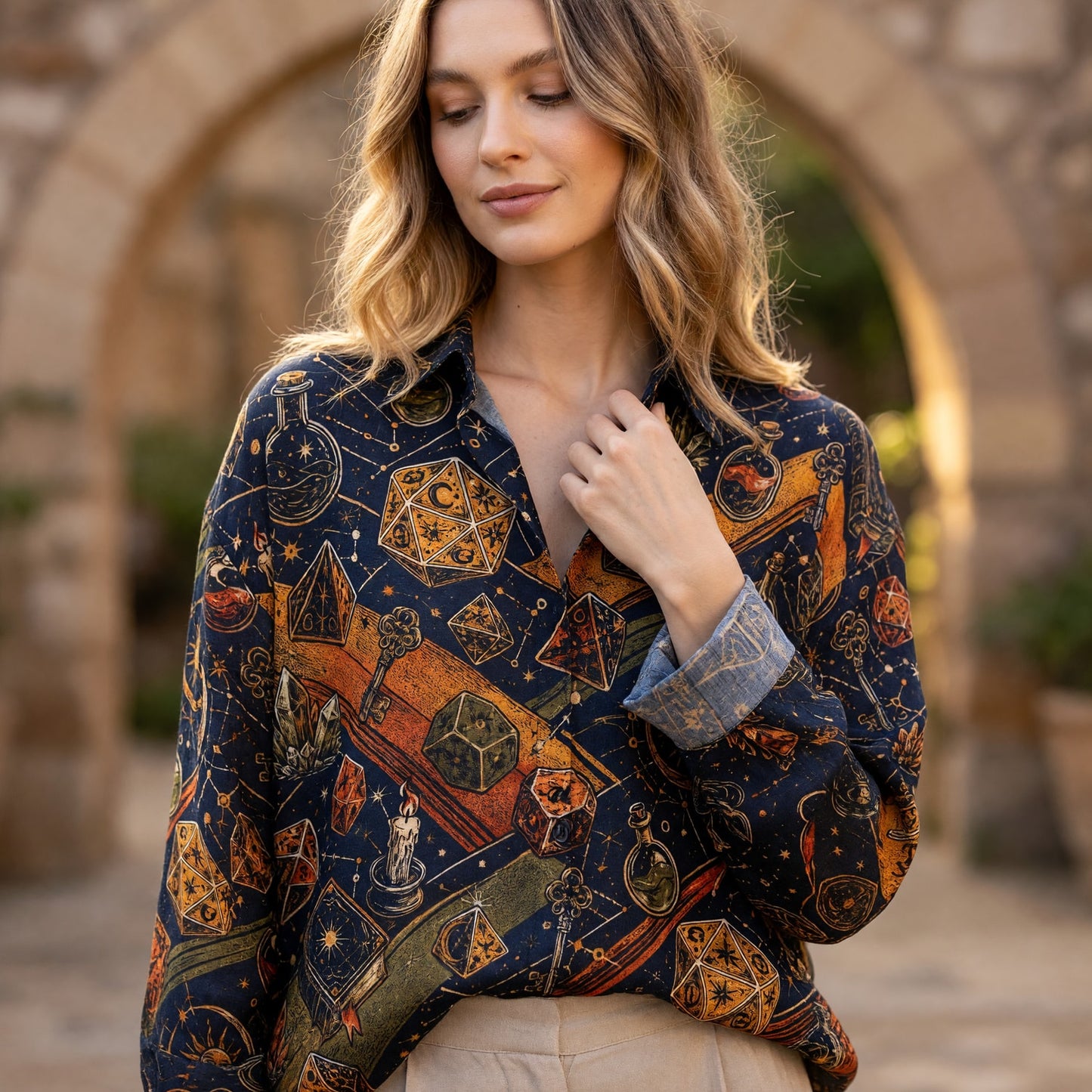 Mystic Dice Linen Shirt - Arcane Wizard Alchemy Pattern