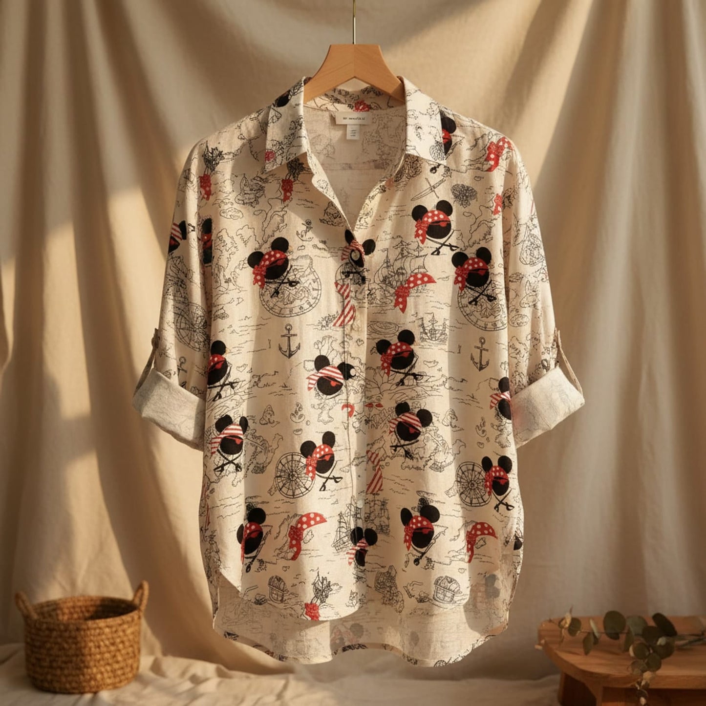 Mouse Pirate Treasure Map Women's Linen Shirt