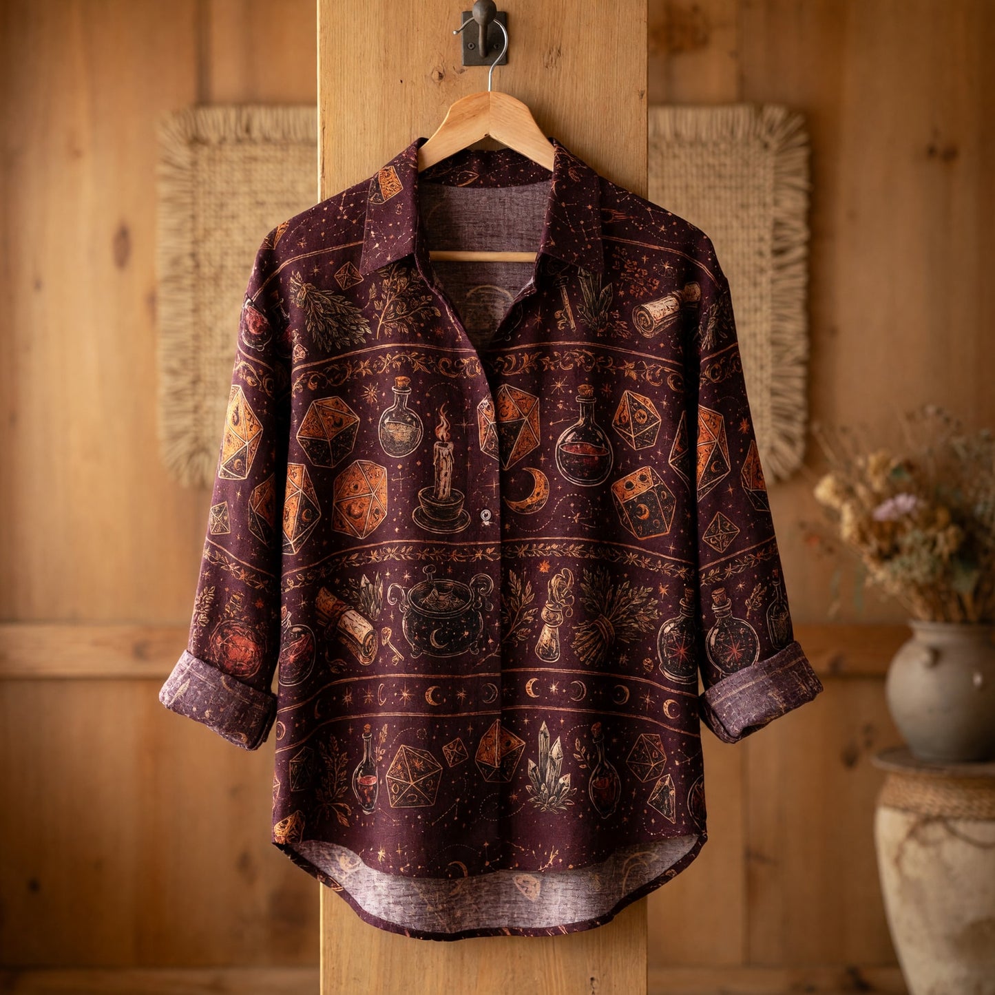 Alchemy Linen Shirt - Witchy RPG Dice Pattern