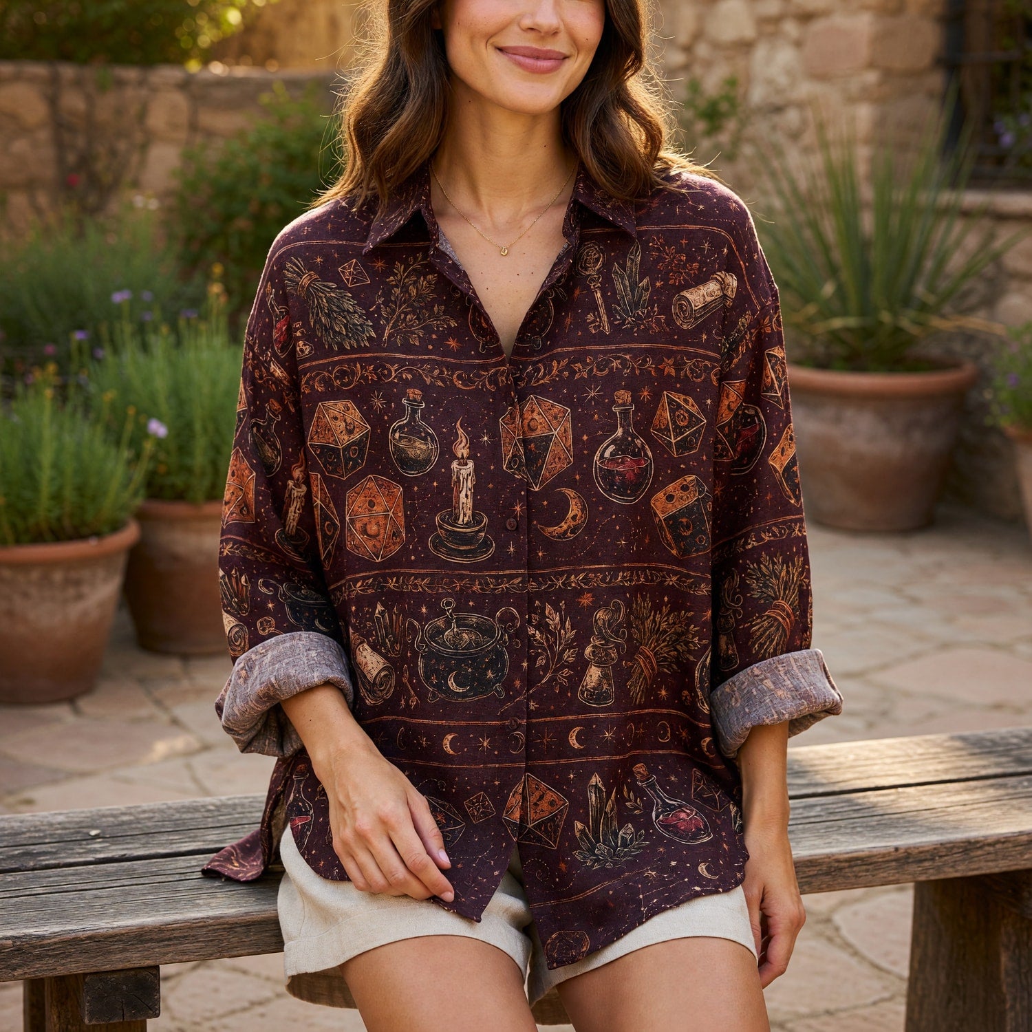 Alchemy Linen Shirt - Witchy RPG Dice Pattern