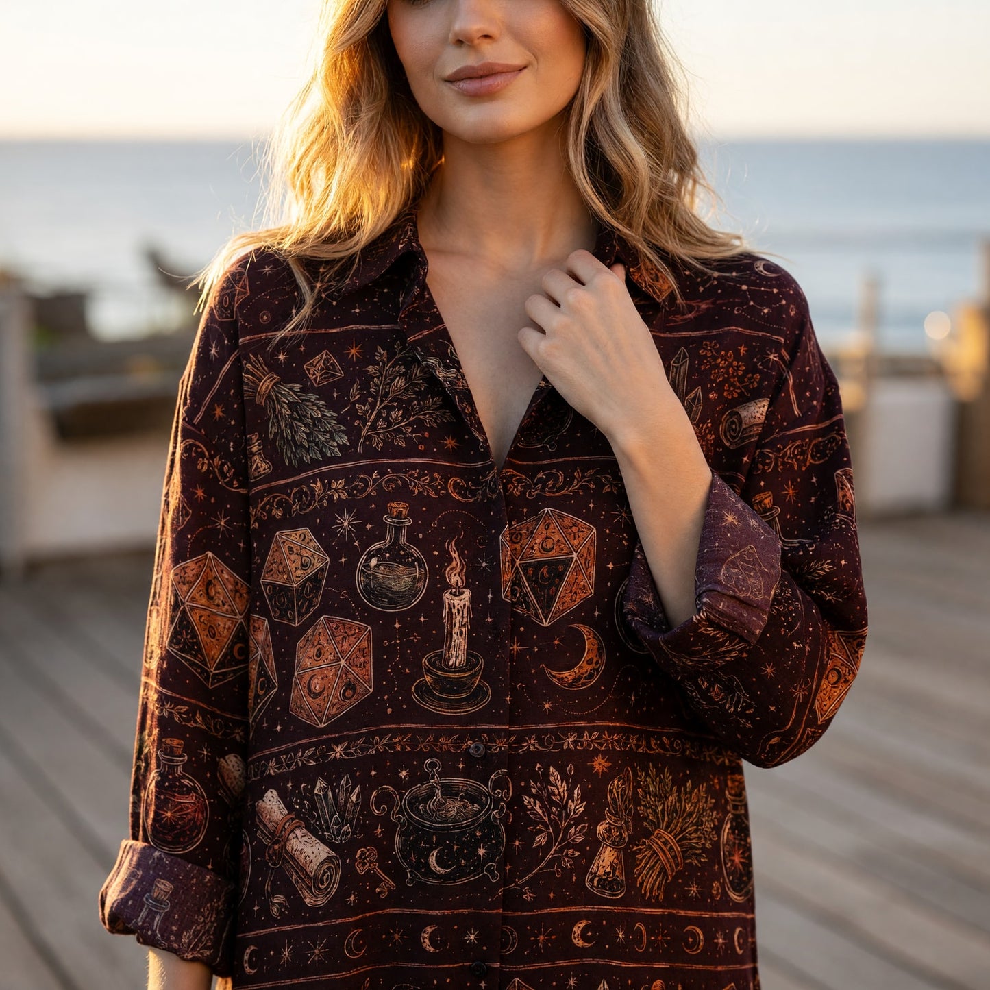 Alchemy Linen Shirt - Witchy RPG Dice Pattern