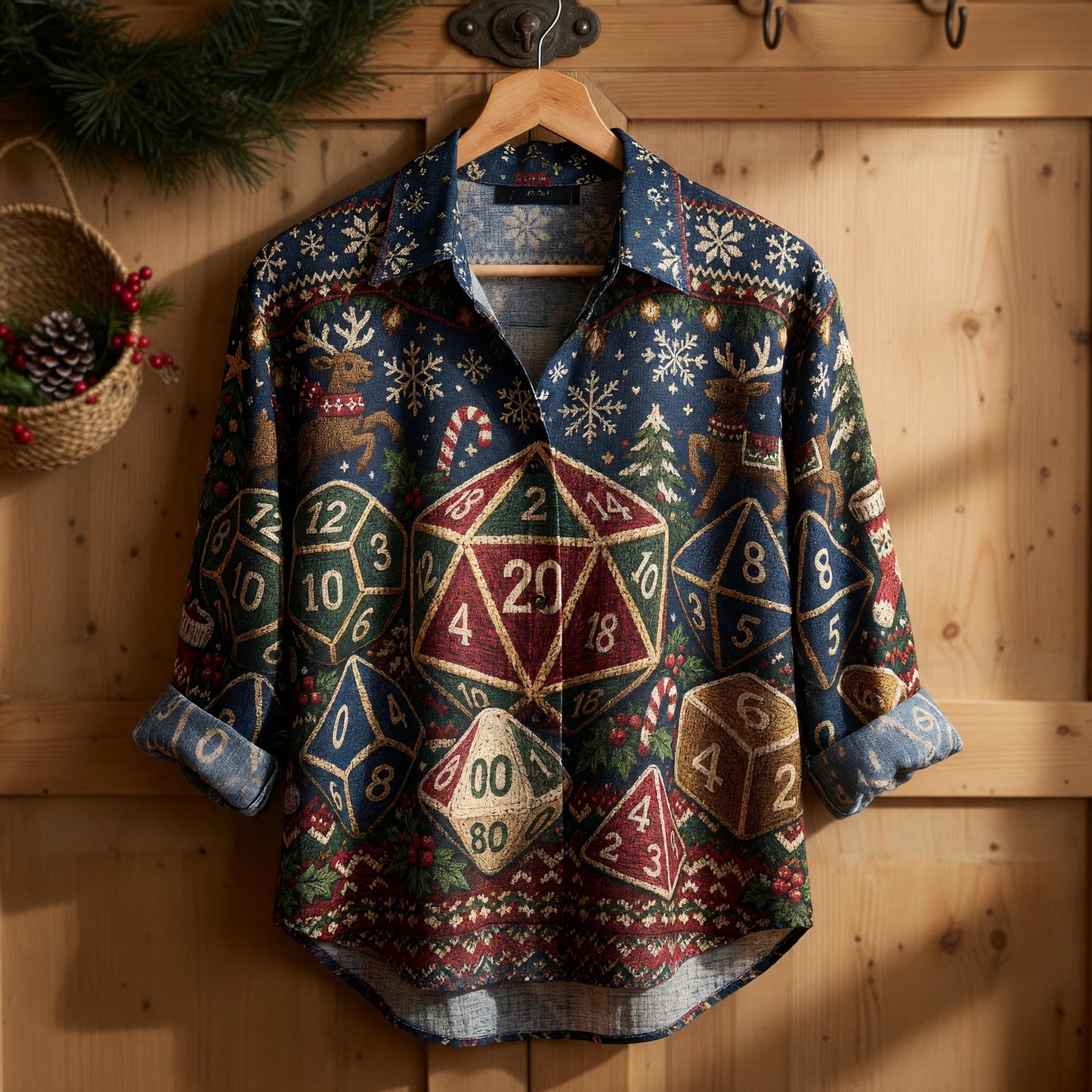 Christmas Dice Linen Shirt - Holiday RPG Gaming Apparel