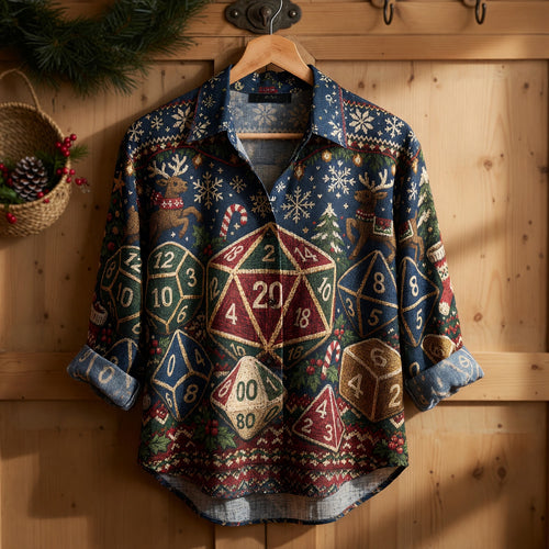 Christmas Dice Linen Shirt - Holiday RPG Gaming Apparel