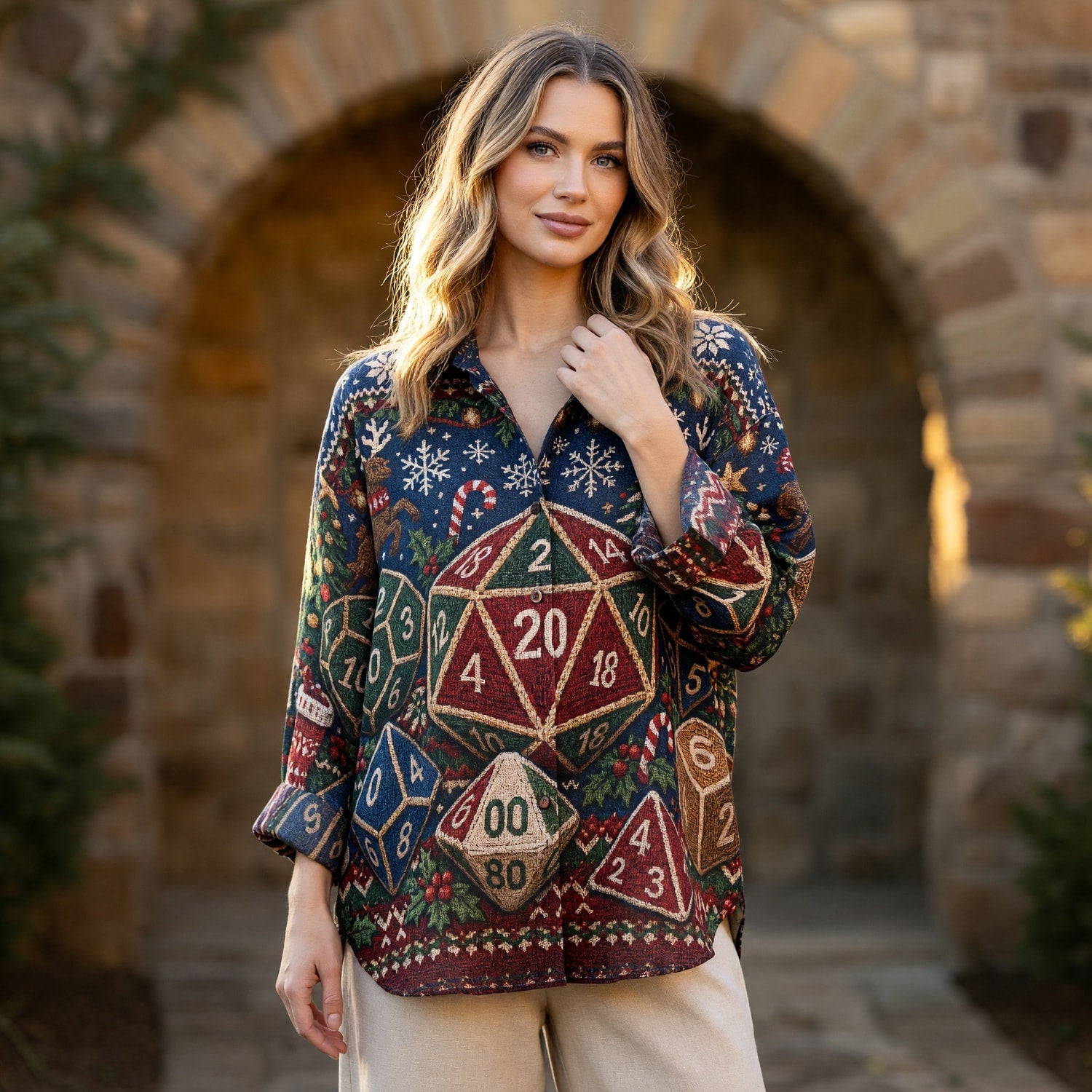 Christmas Dice Linen Shirt - Holiday RPG Gaming Apparel