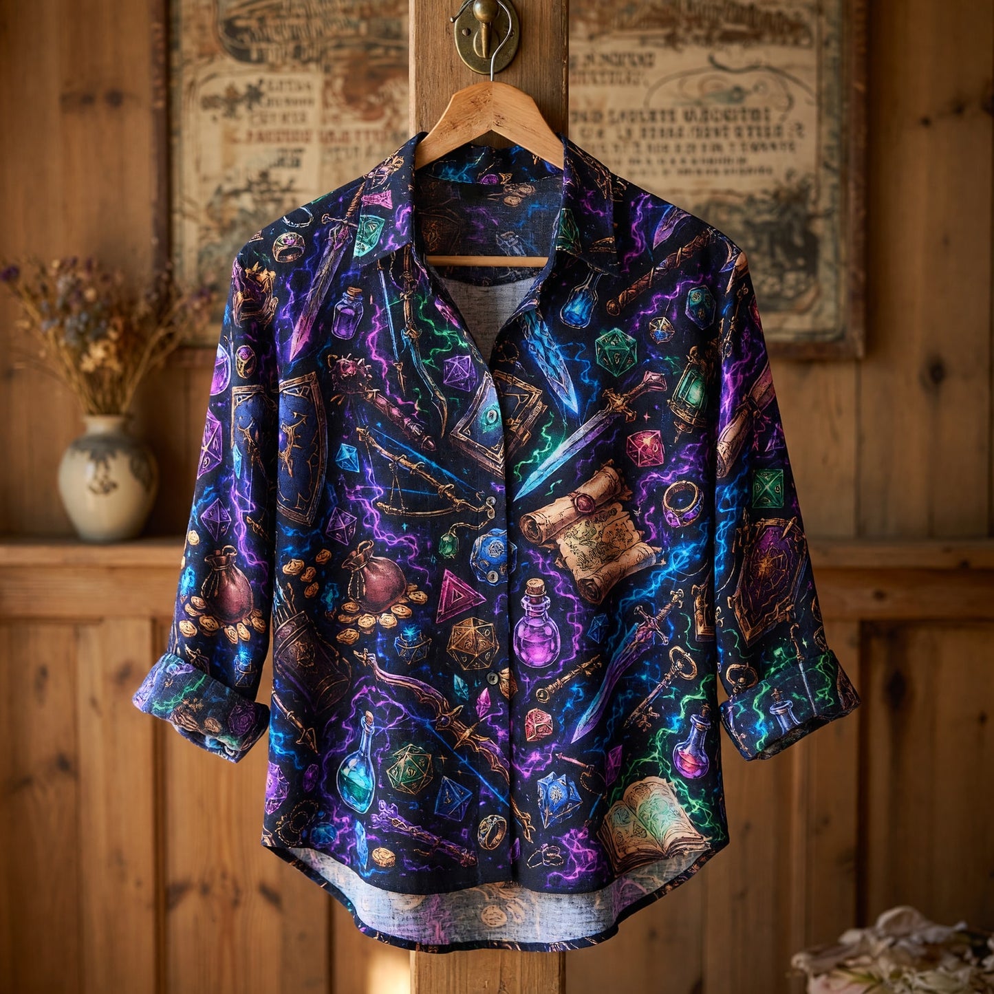 Fantasy Dungeon Linen Shirt - Neon Fantasy Dice RPG Apparel
